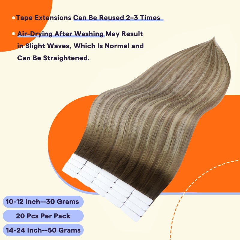 Fshine Full Shine Tape Hair Extensions Real Human Hair Balayage Color 3 Dark Brown Fading to 8 Ash Brown Highlight 22 Blonde Tape in Hair Extensions Real Human Hair Tape Ins 14 Inch 50G 20pcs for Wedding - Image 3